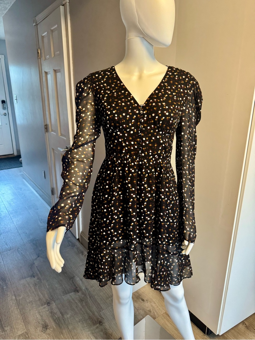 The Kooples Brown Long-Sleeve Smocked Polka Dot Mini Dress Size S-M
